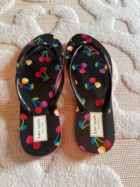 kate spade Black Cherry-Print Flip Sandals with Multicolor Accents